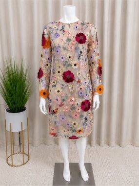 Sheer Floral Embroidered Shift Dress in Multi